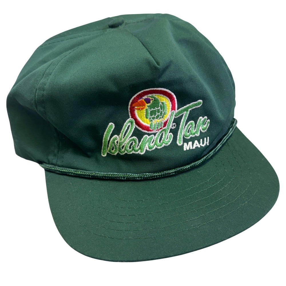 Vintage Island Tan Maui Snapback Hat Green Parrot Embroidered Rope Trucker Cap